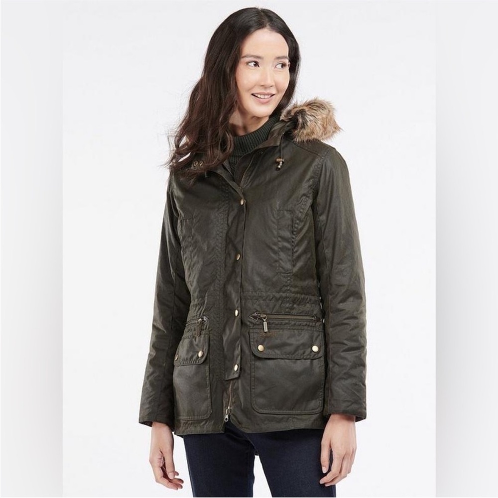 Barbour Kelsall Waxed Canvas Jacket with detachable Faux Fur Trim US 4/ UK 8